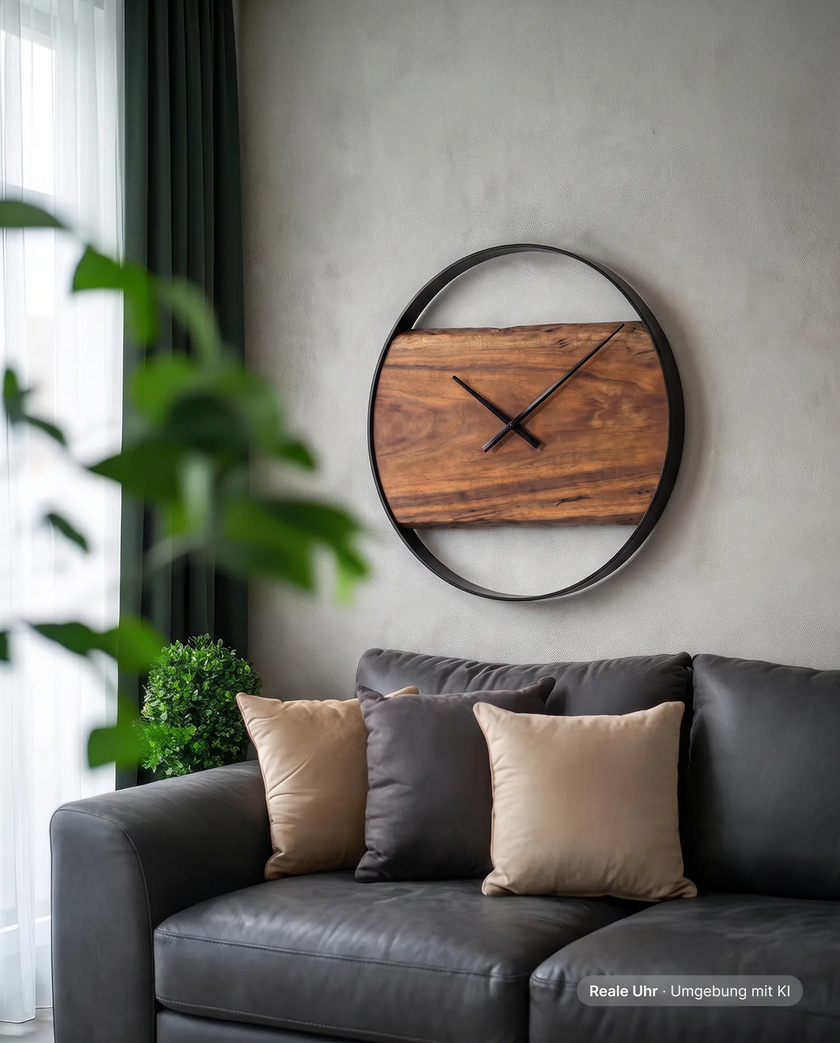 Runde Wanduhr aus Nussbaum mit Stahlrahmen