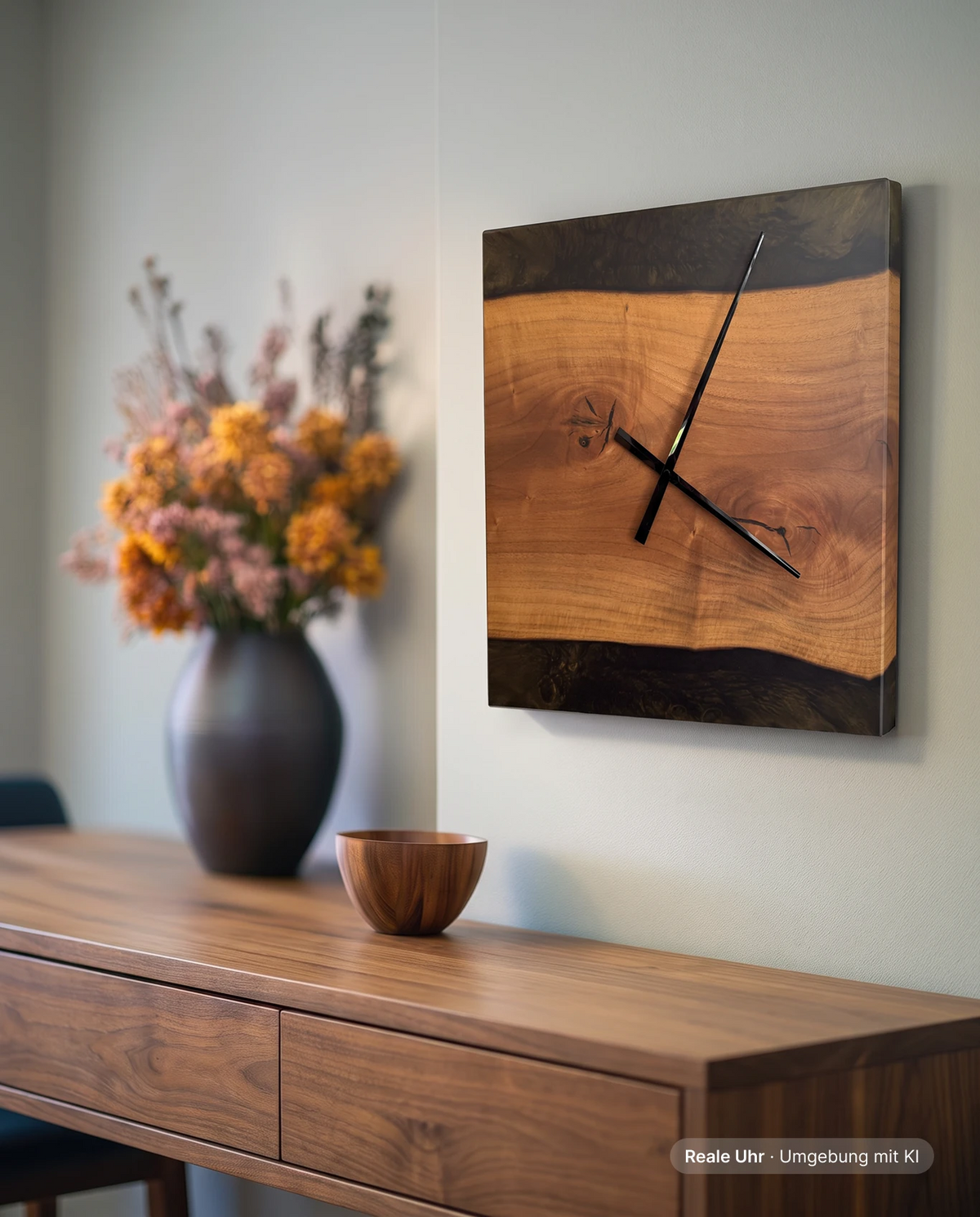 Eckige Wanduhr aus Nussbaum mit schwarzem Epoxidharz