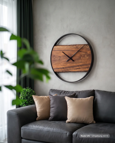 Runde Wanduhr aus Nussbaum mit Stahlrahmen