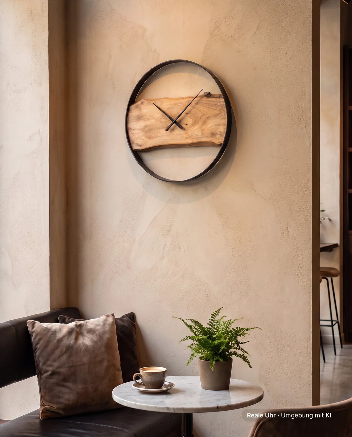 Runde Wanduhr aus Ulmenholz mit Metallrahmen