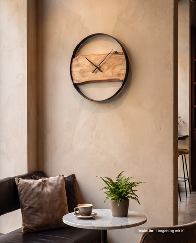Runde Wanduhr aus Ulmenholz mit Metallrahmen