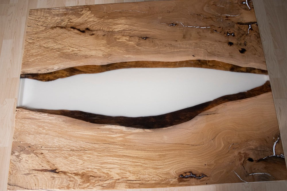 Holzfabrik Couchtisch Buche Epoxidharz Fluss Weiß 3D Bild 2